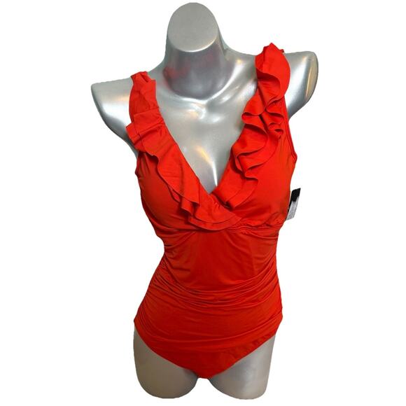 LRL Ralph Lauren One Piece Swimsuit Red Ruffle Beach Club Underwire NEW - Picture 1 of 5
